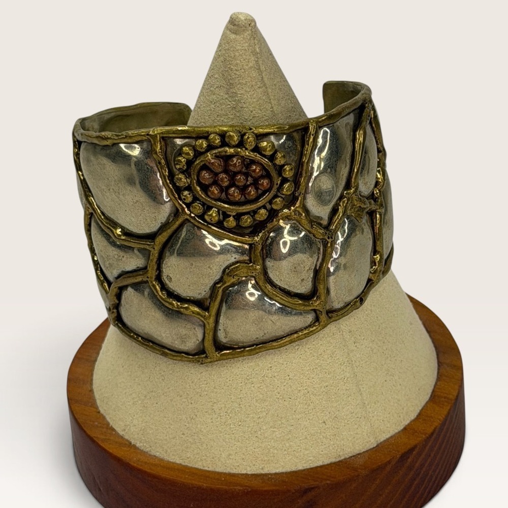 Mixed Metal Hammered Cobblestone Cuff Bracelet Two Tone Boho Statement Boho Y2K